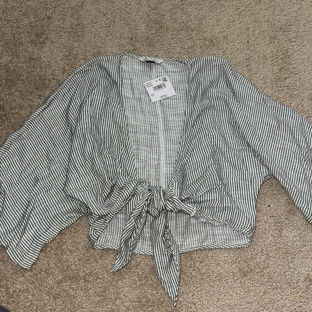 American Eagle Outfitters Grey Striped Tie-Front Blouse